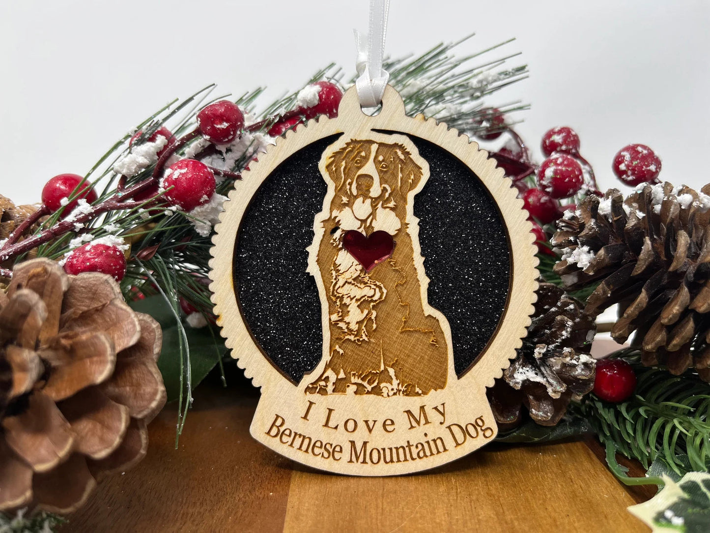 Love My Bernese Mountain Dog – Laser Engraved Round Wooden Ornament