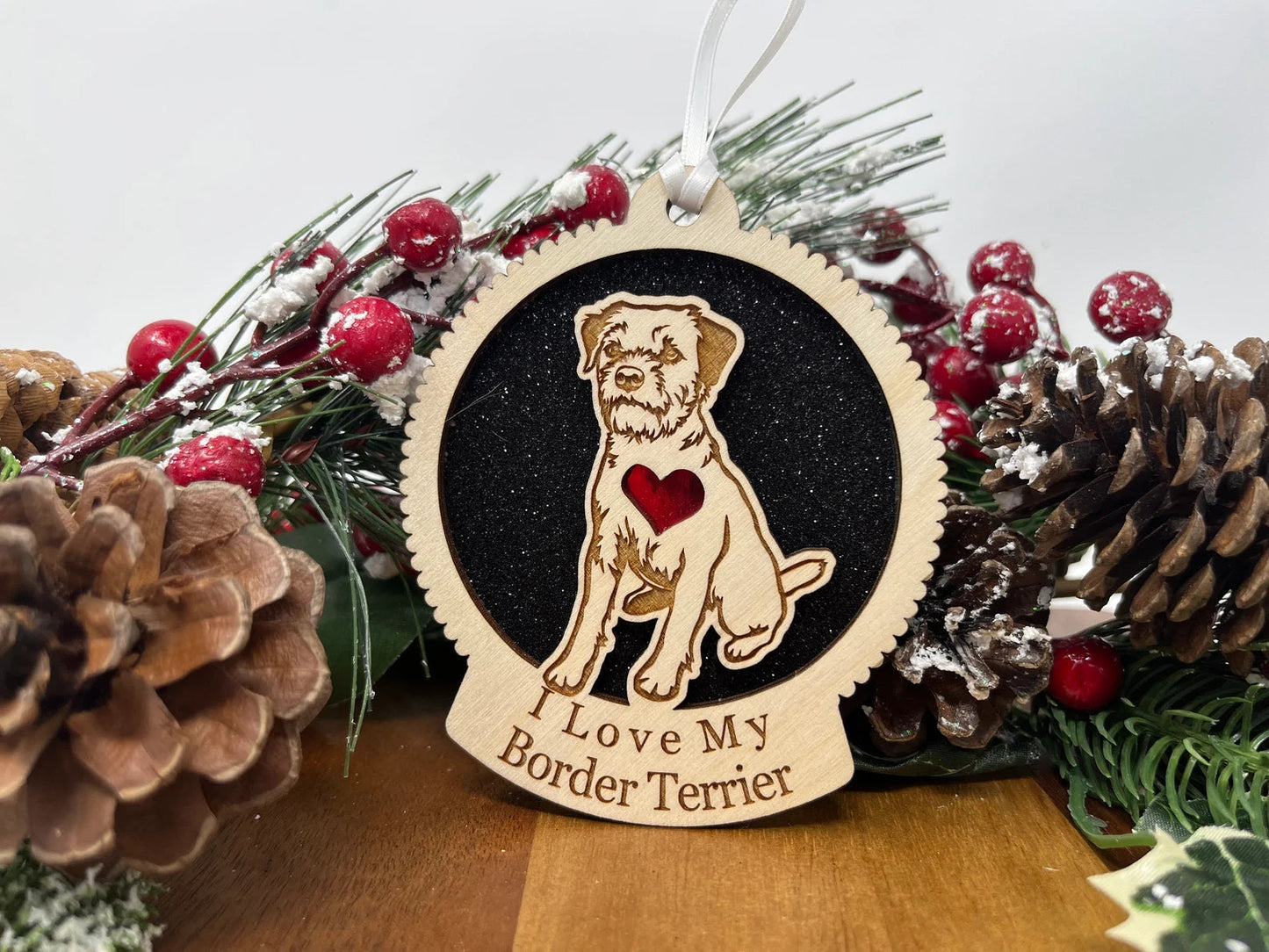 Love My Border Terrier – Laser Engraved Round Wooden Ornament