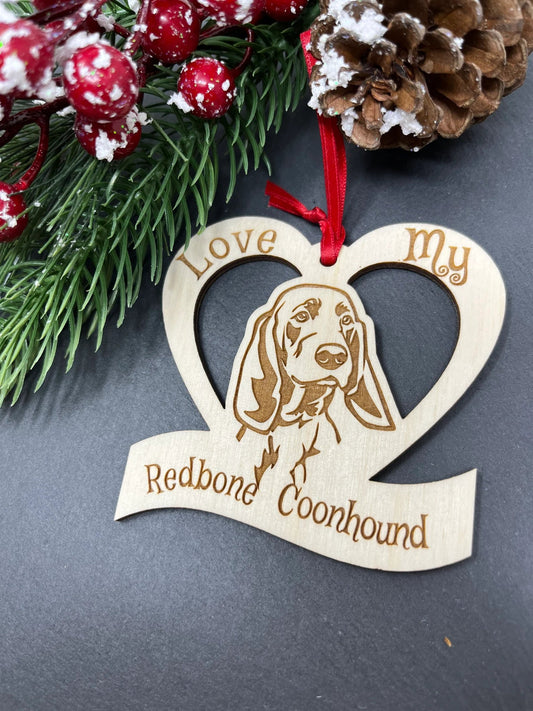 Love My Redbone Coonhound – Laser Engraved Wooden Heart Ornament