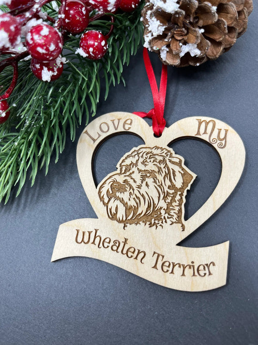 Love My Wheaten Terrier – Laser Engraved Wooden Heart Ornament