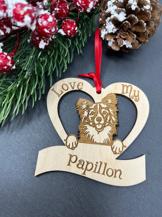 Love My Papillon – Laser Engraved Wooden Heart Ornament