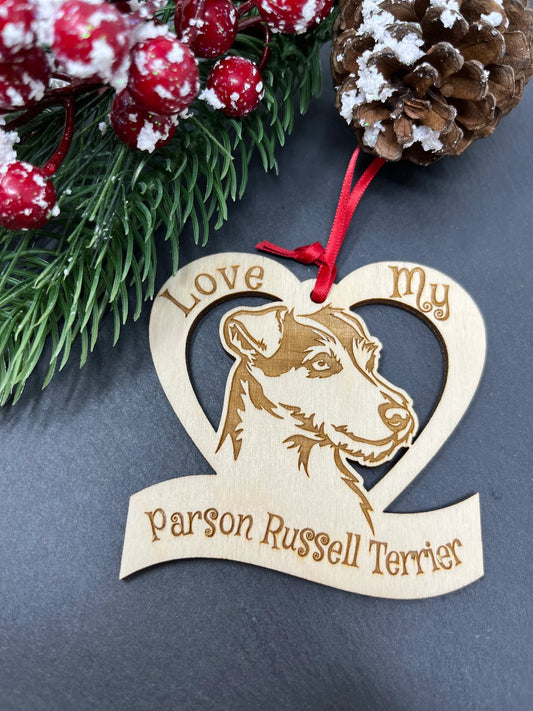 Love My Parson Russell Terrier – Laser Engraved Wooden Heart Ornament