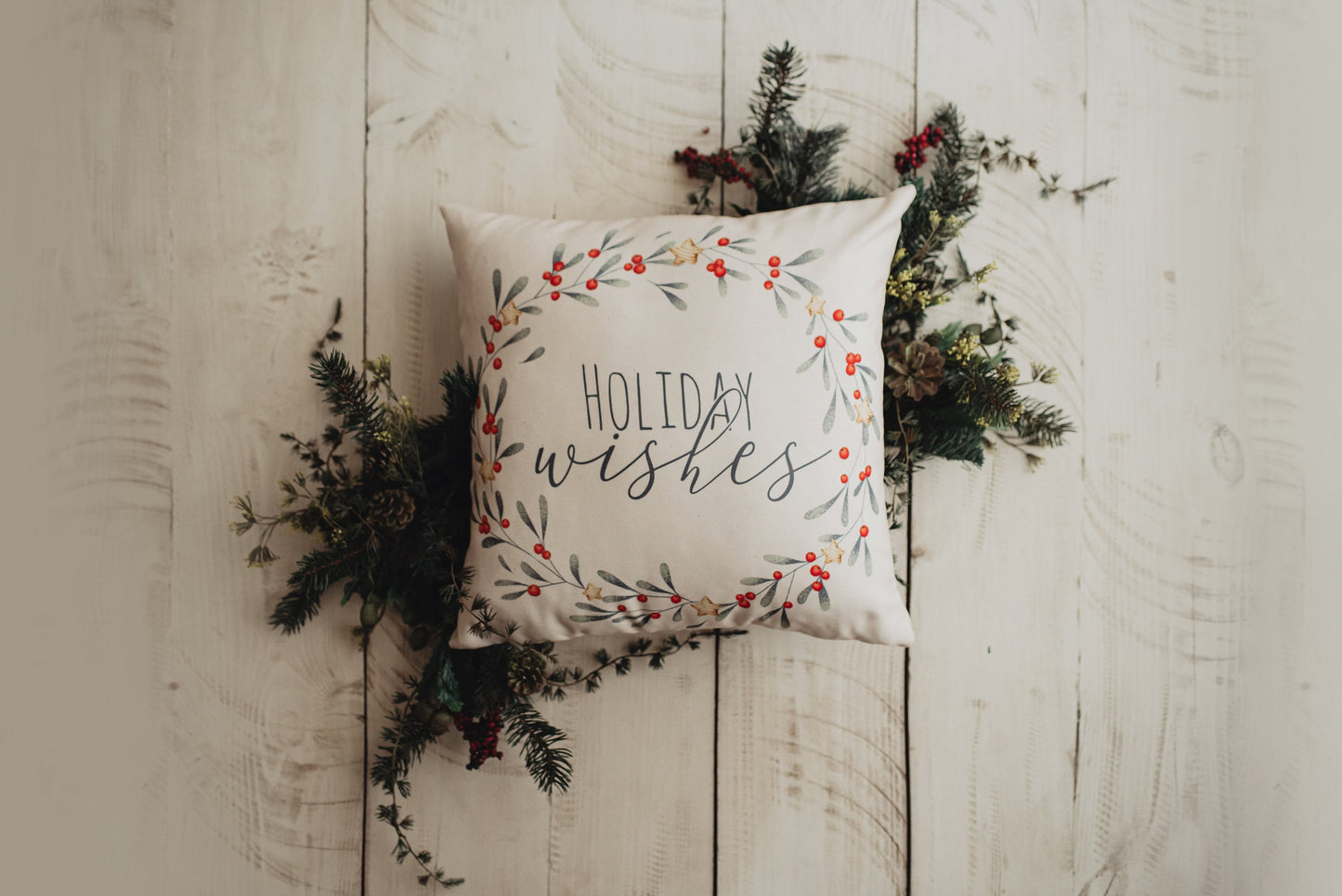 Holiday Wishes & Mistletoe Kisses Throw Pillow Cover – Neutral Festive Décor