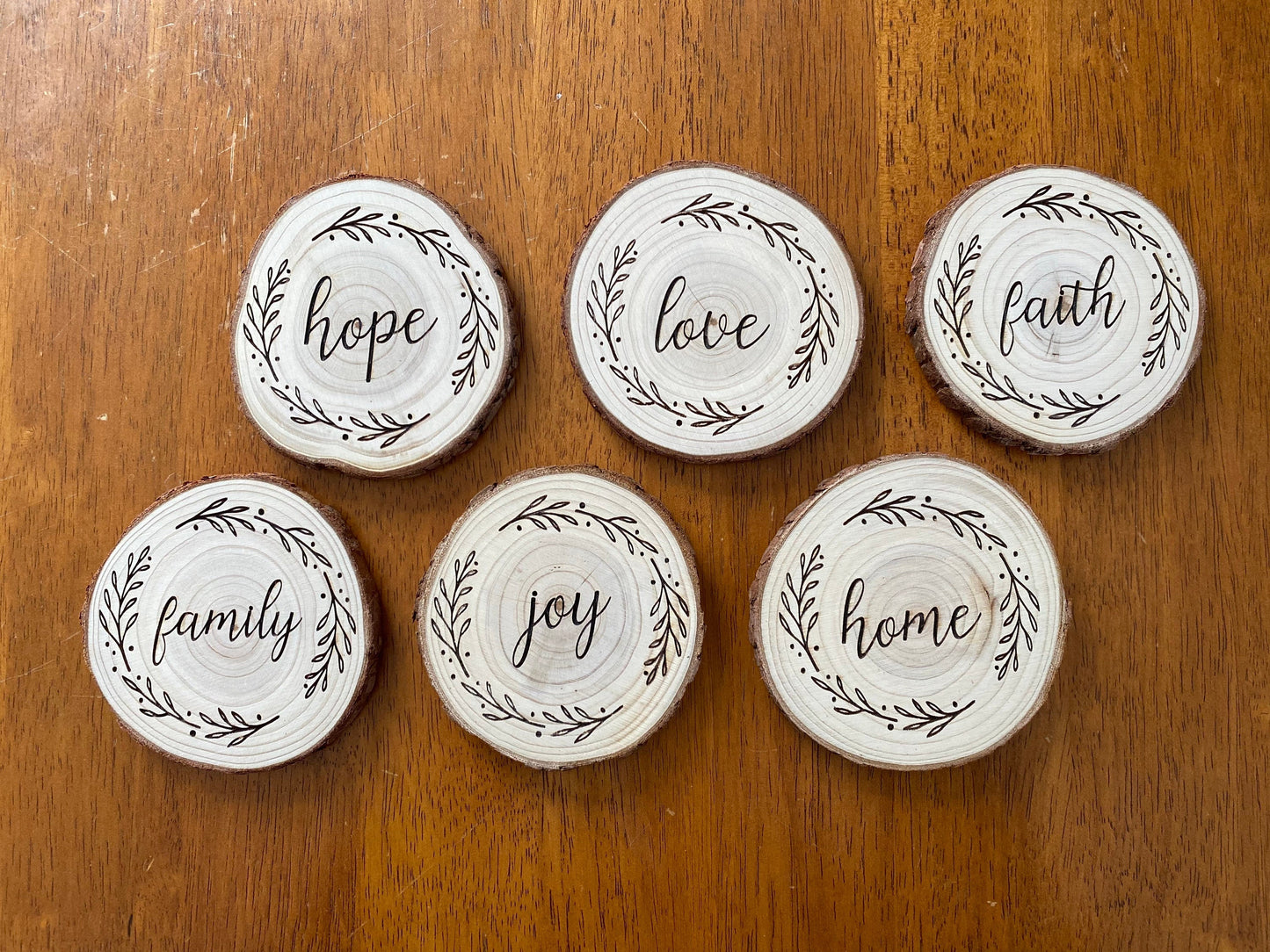 Faith, Hope, Love Engraved Wood Coaster Set