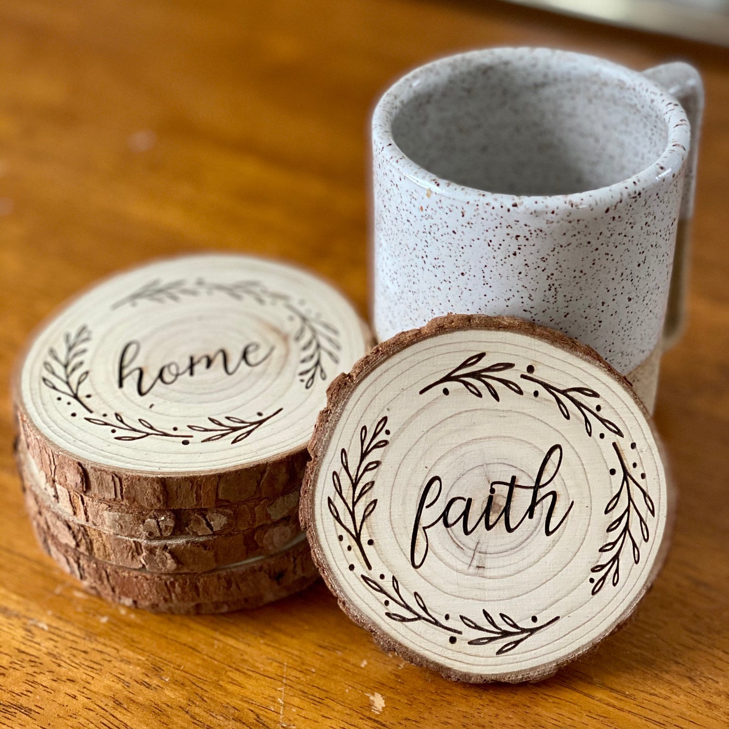 Faith, Hope, Love Engraved Wood Coaster Set