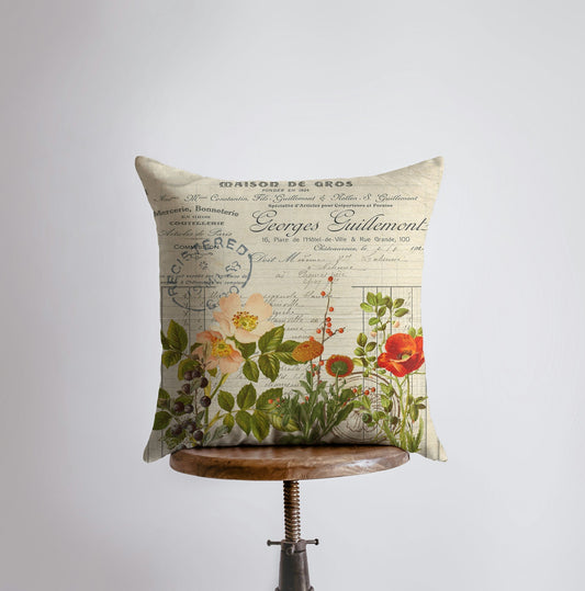 Vintage Botanical Throw Pillow Cover – Newspaper Print Back