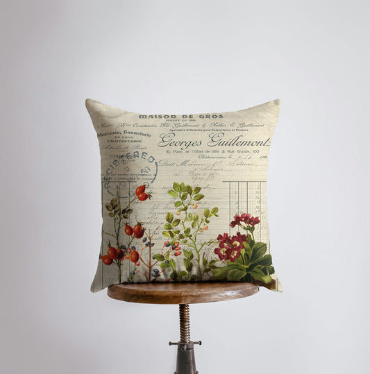 Vintage Botanical Pillow Cover – Newspaper Print Floral Accent